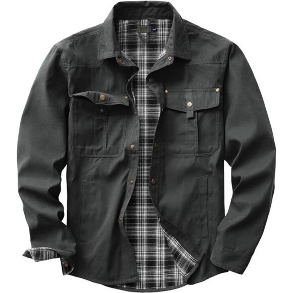 Men's Flannel Lined Shacket Jacket Plaid Brushed Lining Cowboy Western Twill
